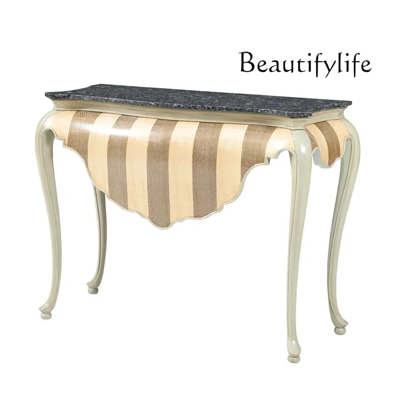 M Marble Porch Table With Leather Contrasting Colors, Striped Porch Cabinet, Entrance Hall Cabinet, Large Furniture