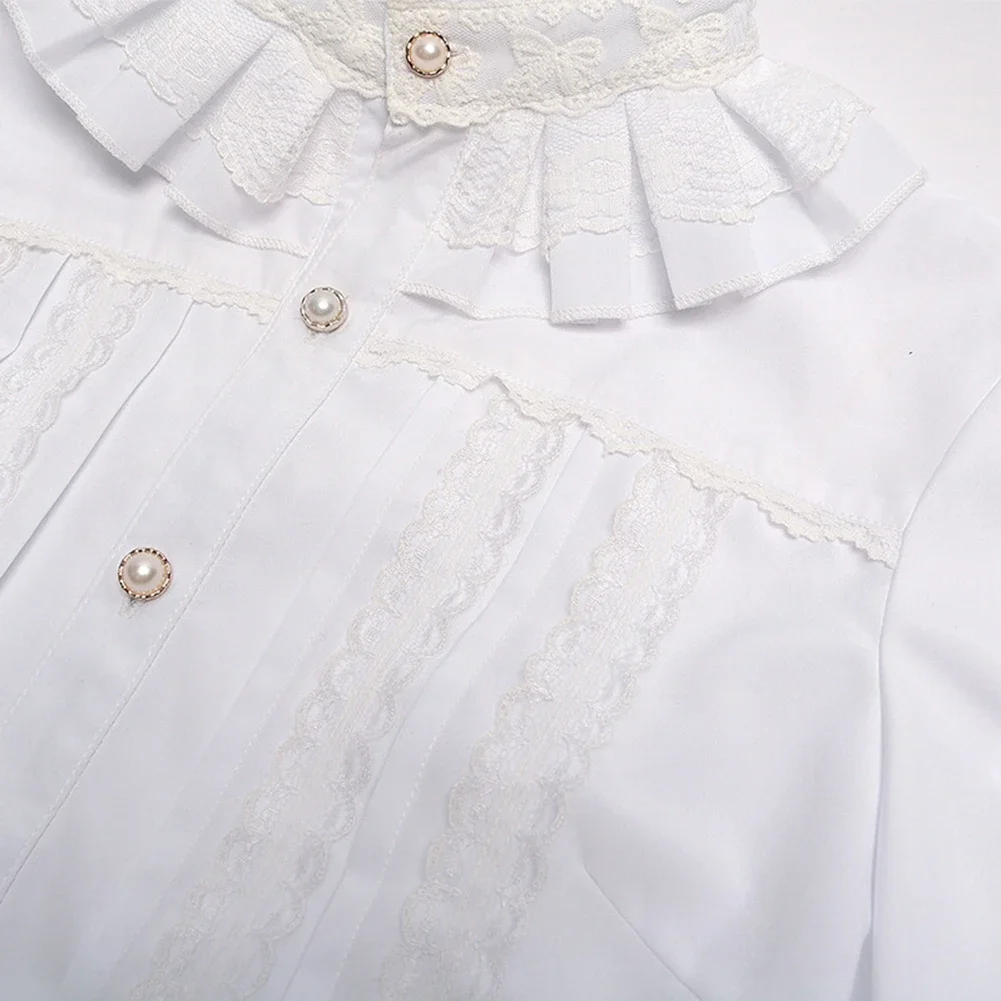 Fashion Women Vintage Victorian Shirts And Blouse Solid White Gothic Stand Collar Lace Lolita Lotus Ruffle Tops Female Shirt