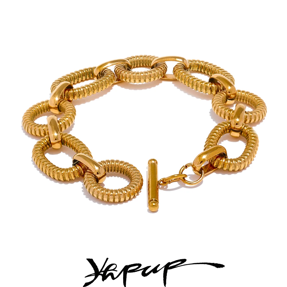 

Yhpup Stainless Steel Metal Texture Oval Chain Bracelet Bangle Men Women 18K PVD Plated Toggle-Clasps Statement Jewelry