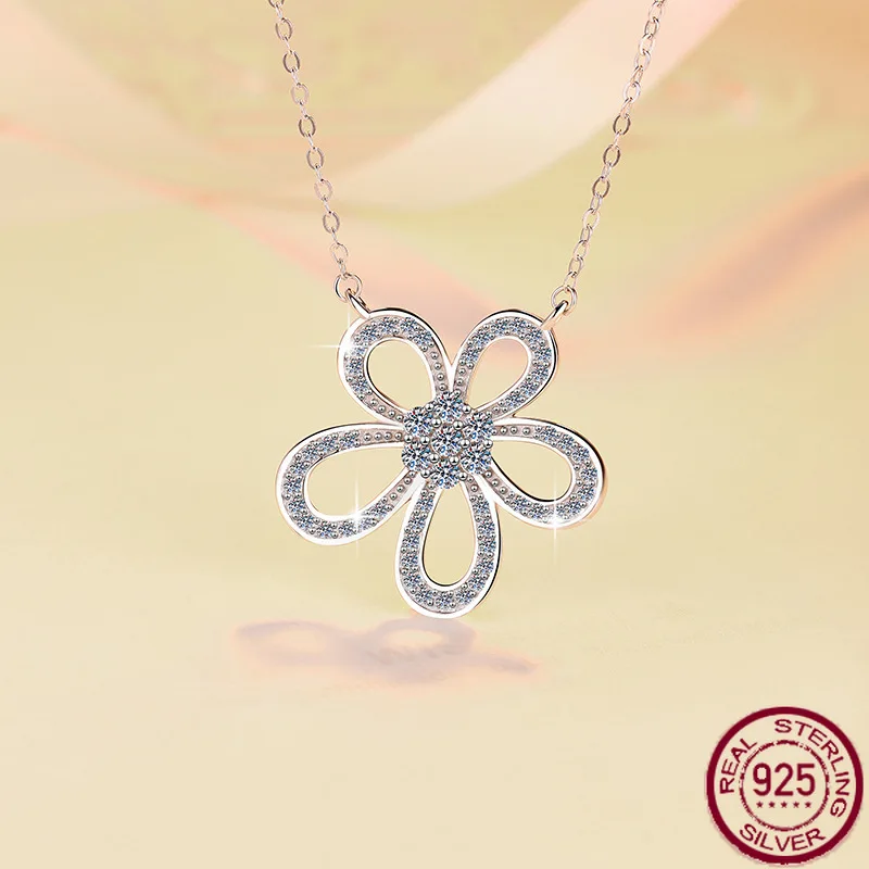 

New S925 pure silver luxury necklace with sunflower full of diamonds and five-petal moissanite necklace for wedding jewelry
