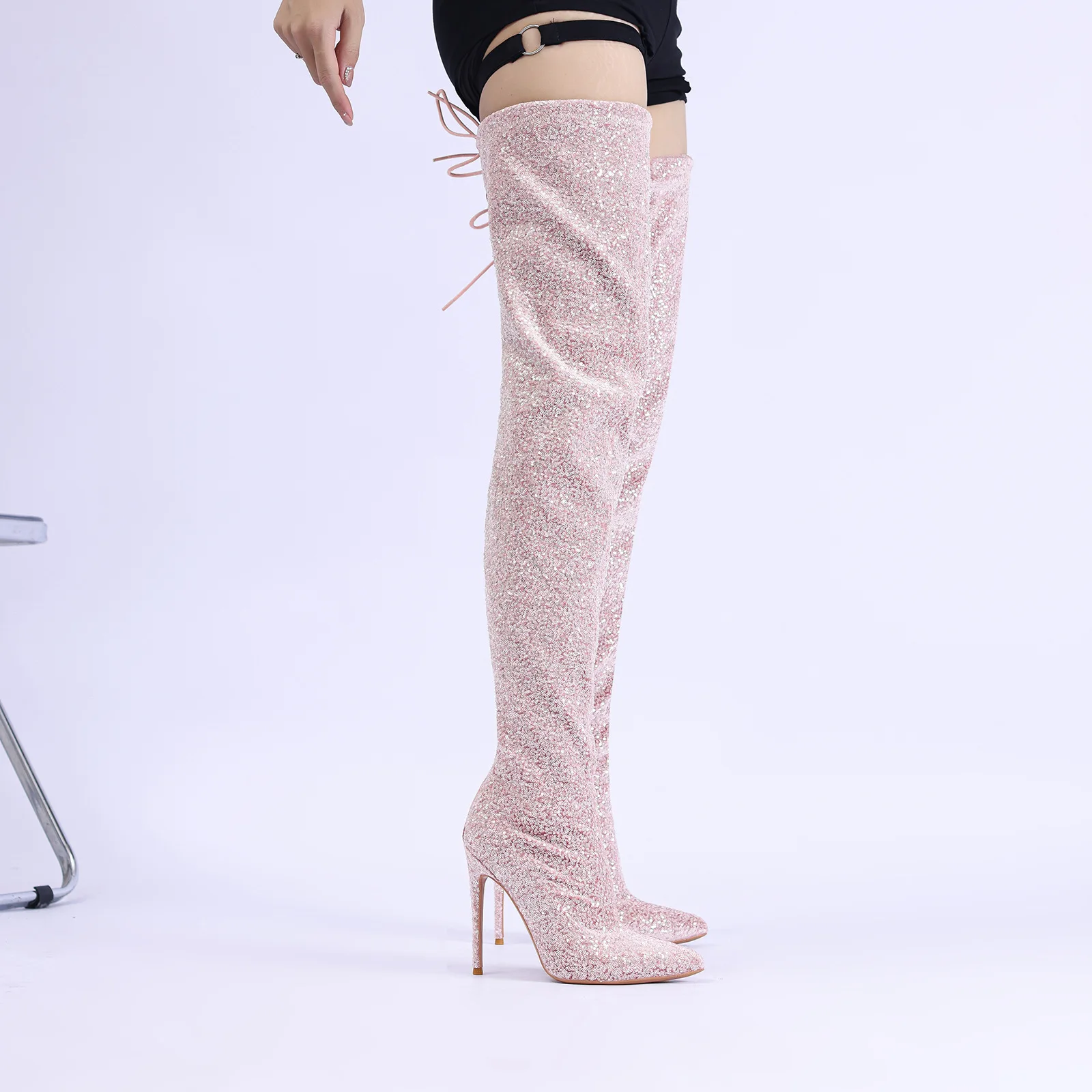 Fashion 2027 Women's Shoes Over The Knee Long Boots Pointed Toe Slip-on Stilettos 12cm Thin High Heels Extra Large Size Pumps
