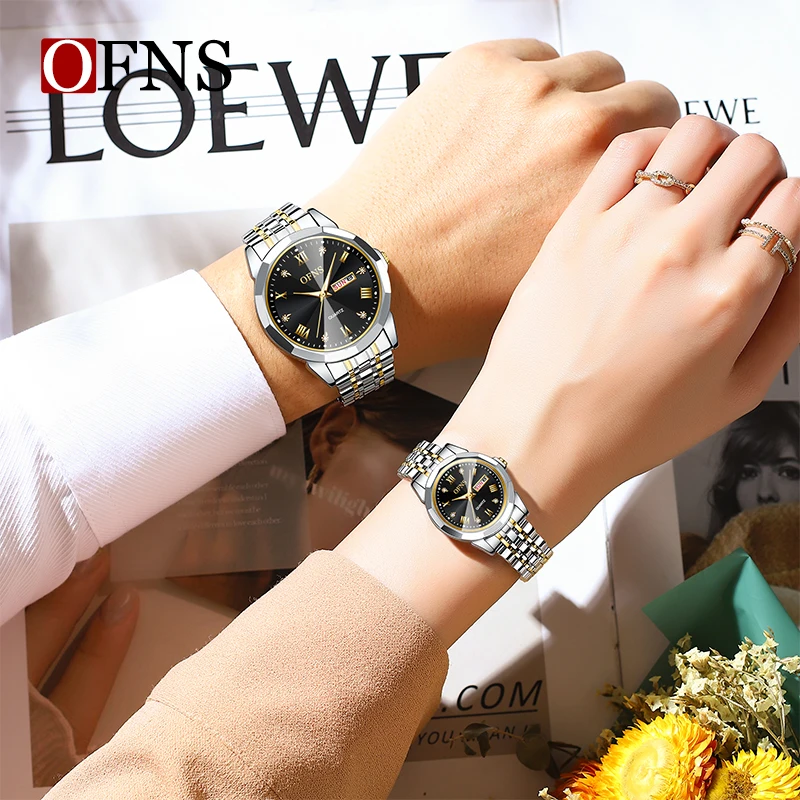Ofns luxo qualidade casal relógios de quartzo masculino senhora relógios de aço inoxidável para mulher à prova dwaterproof água relógio de pulso de quartzo custo performan