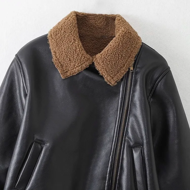 JNLEAOG Jesienna Nowa Damska Kurtka Motocyklowa z Aksamitną Podszewką, Uniwersalny Krój Prosty, Długi Rękaw, Zapinana na Zamek