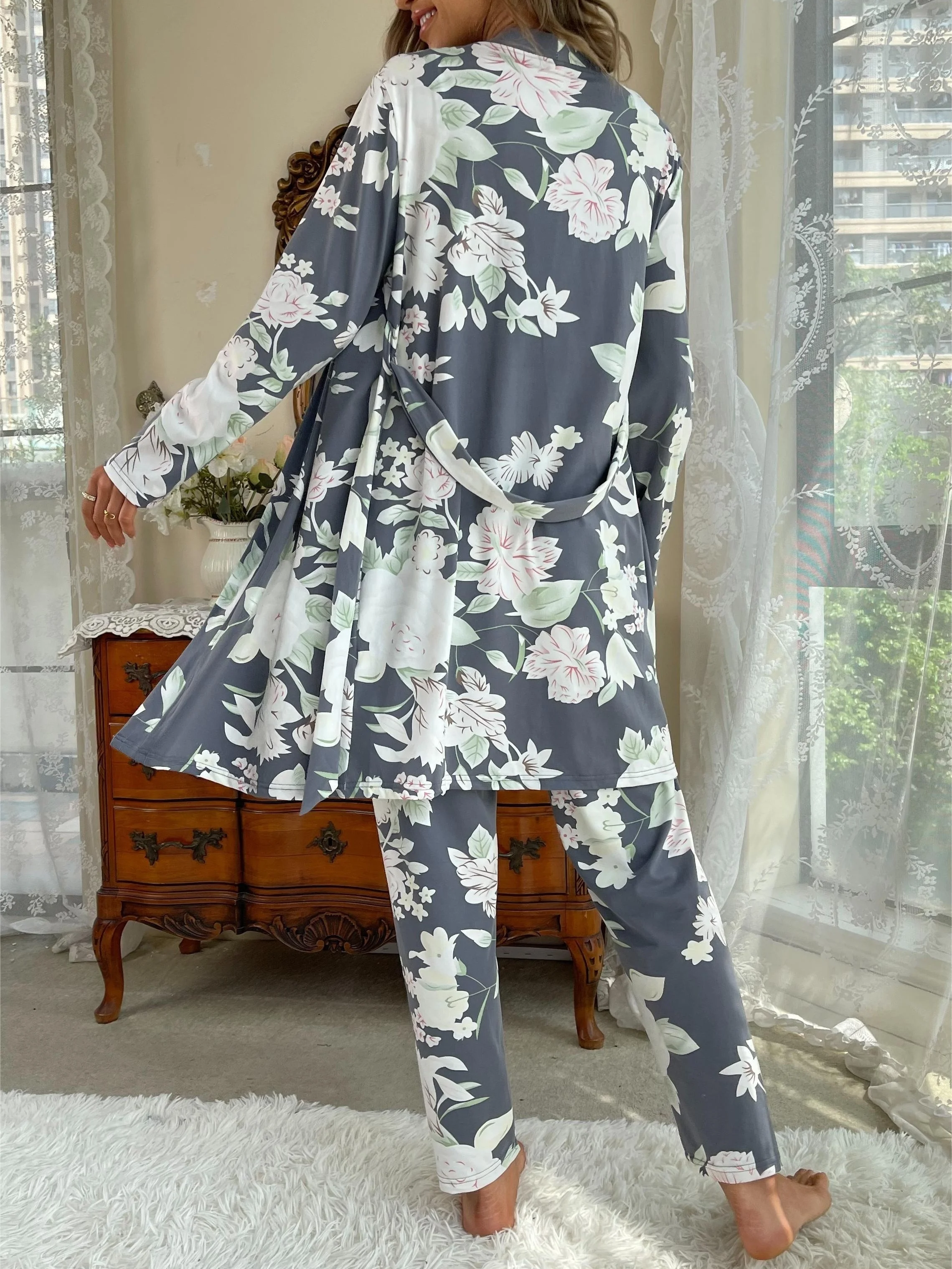 Women\'s Sleepwear Lounge Wear 3 Pcs Women Pajamas Set Floral Printed Sleepwear Cami Top&Long Pants with Bathrobe Dressing Gown