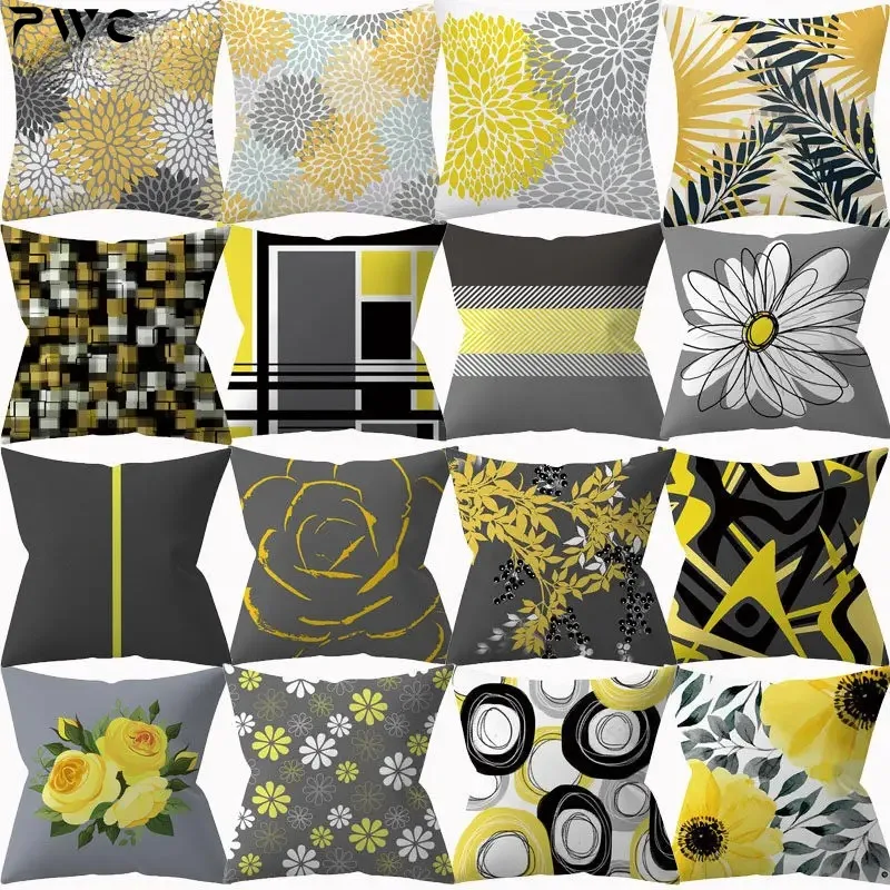 

Nordic Decorative Cushion Cover Yellow Gray Floral Geometric Pillow Covers Throw Pillows Polyester Single Side Print Pillowcases