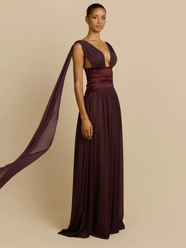 High Waist Deep V Neck Dress Fitted Graceful and Elegant with Zipper Closure Pleated Party Dress for Women Summer Beach Camping