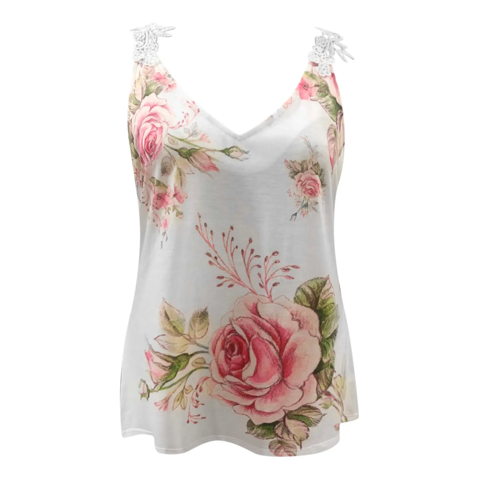 Sexy Lace Sling Top Women Blouse Fashion Summer Boho Print Beach Holiday Tank Top Summer Casual V Neck Sleeveless Ladies Shirts