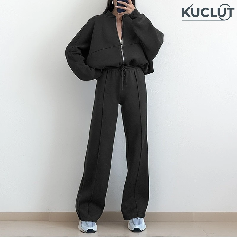

Autumn Winter Women Fashion Casual Two Piece Set Solid Color Y2K Long Sleeve Round Neck Coat High Waist Wide-leg Long Pants Set