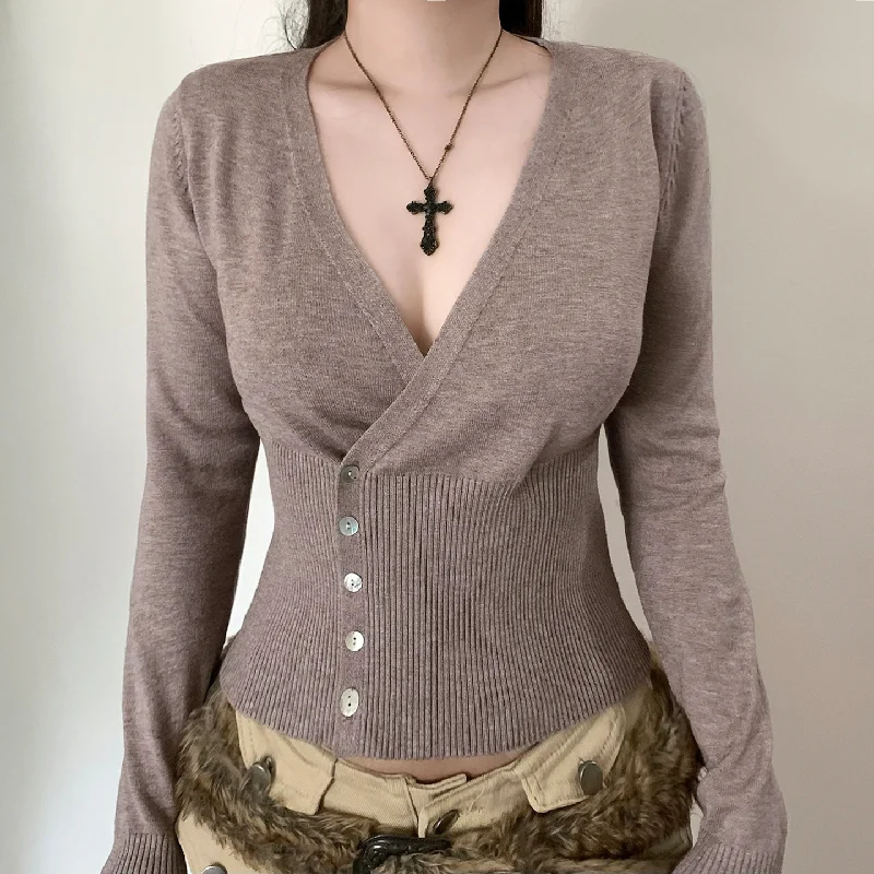 

Vintage Lazy Style V-Neck Short Sweater Women's Autumn Winter Unique Oblique Placket Single-Breasted Elegant Knitted Tops