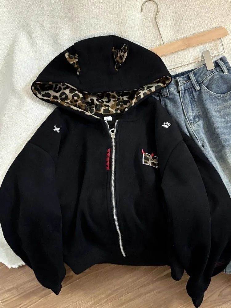 Herbst Winter Leopard Print Patchwork Mit Kapuze Sweatshirt Frauen Casual Lose Zipper Jacke Y2k Harajuku Mode Oberbekleidung Tops Neue