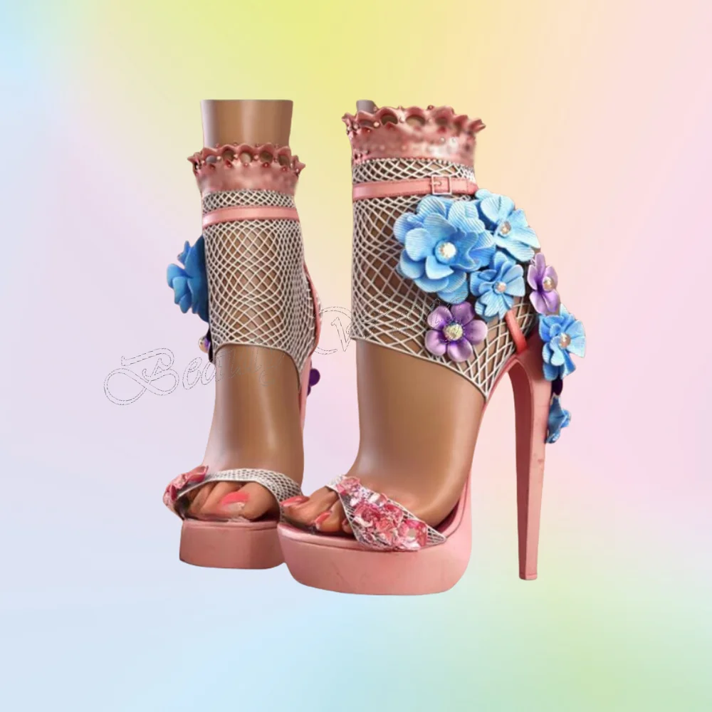 

Pink Blue Flower Decor Sandals Air Mesh Stilettos Ankle Buckle High Shoes for Women Open Toe Wedding Shoes 2023 Zapatillas Mujer