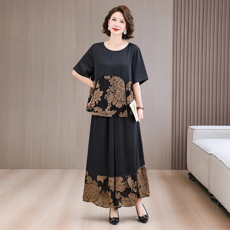 Elegant Large Size Retro Chinese Style Acetate Embroidered Loose Wide Leg Pants Two Piece Set Youthful Elegant Fashionable