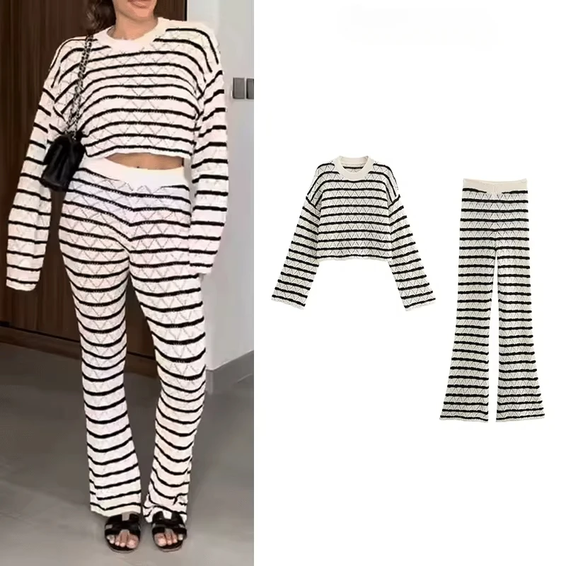 

TRAFZR Pants Set Woman Two Pieces Casual Elegant Y2k Holiday Outfits Set Women's Summer Suit Set Knit Striped Long Sleeve Sets