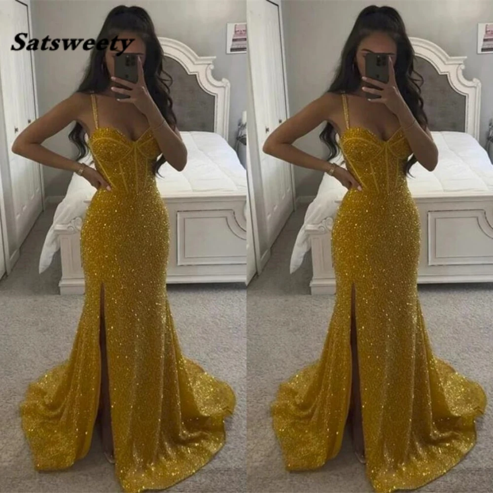 

Charming Gold Sequins Prom Dresses Mermaid Split Spaghetti Straps Formal Women Evening Party Gowns Maxi Robe De Soiree 2024