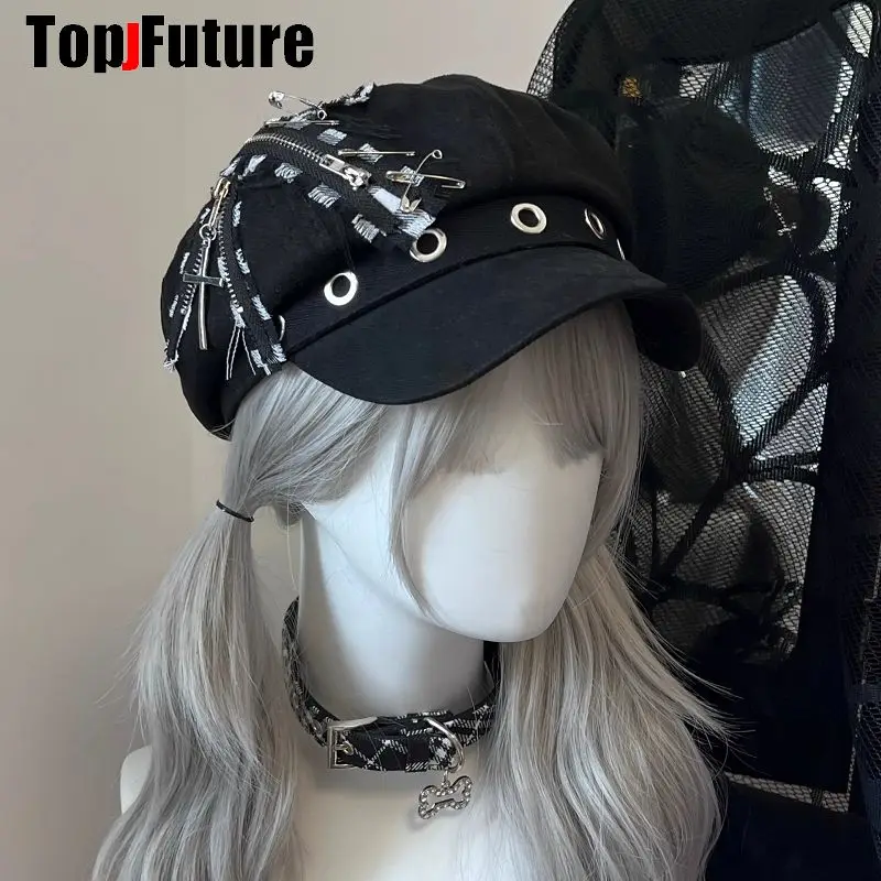 Wholesale Custom Make Customized Women Harajuku Gothic Lolita Beret hat Cap Y2K Girl Steampunk Punk zipper handmake Sun hats