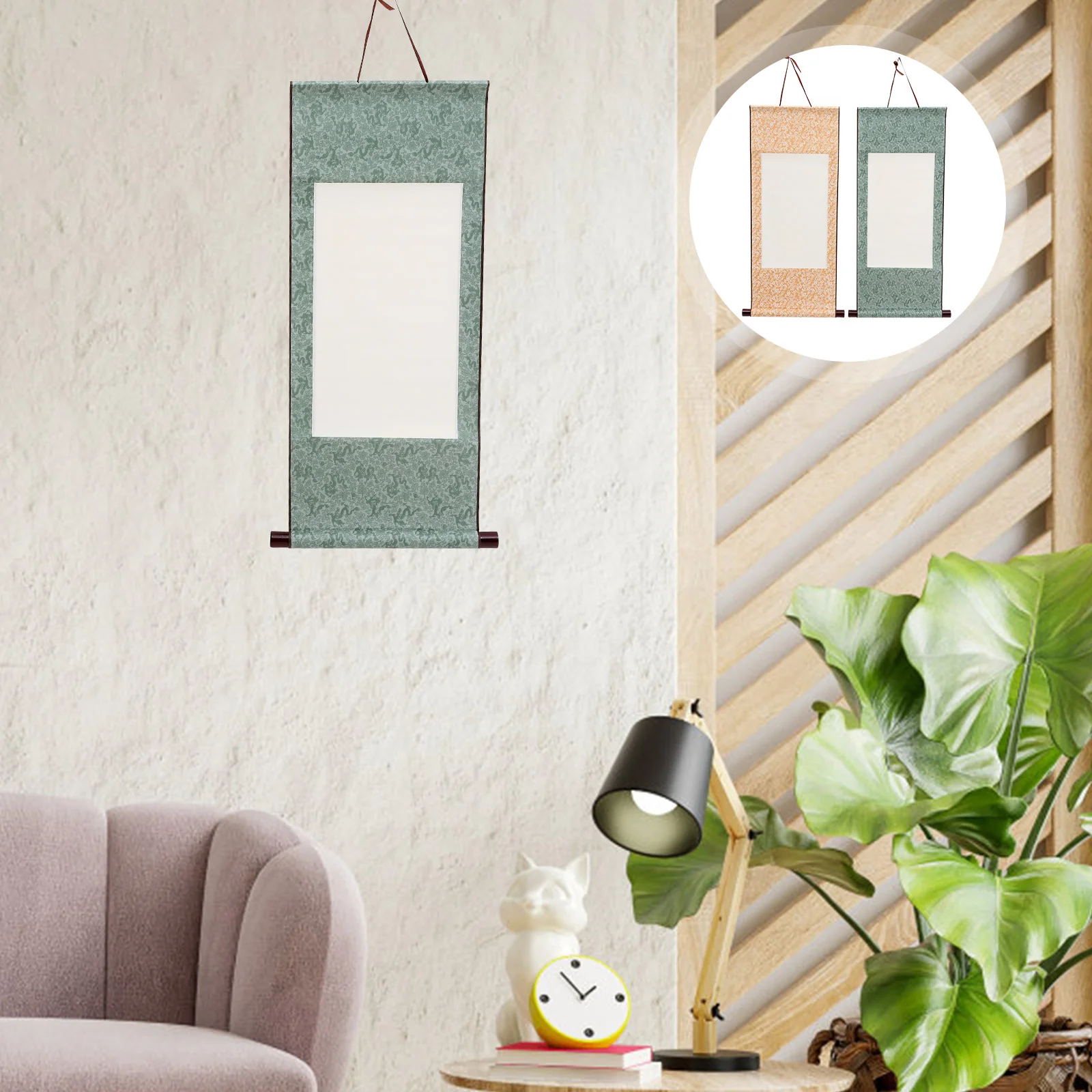 

2 Pcs Blank Scroll Painting Imitation Silk Paper Two Feet Lengthened Rice Calligraphy French Hanging Vertical (gold) Wall