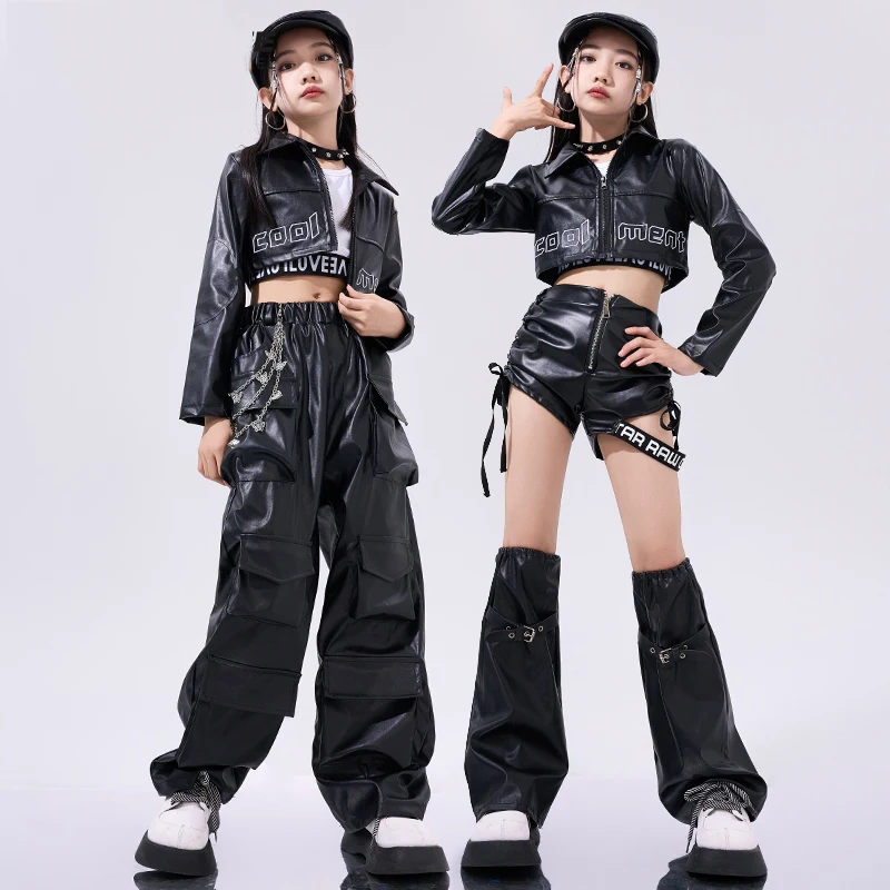 Cool Girls Hip Hop Dance Costume Black Leather Short Jacket Pants Kids Modern Jazz Performance Clothes Stage Outfit Rave BL13719