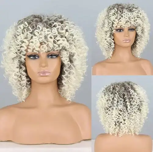 Peluca Afro rubia corta y rizada con flequillo, longitud de hombro, Kinkys Afro para mujer, Navidad, Halloween, Cosplay, fiesta de disfraces, pelucas