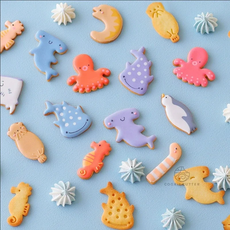 3Pcs/Set Ocean Marine Animal Cookie Cutter Penguin Sea Horse Octopus Biscuit Stamp Icing Cookie Fondant Cake Party Baking Tools