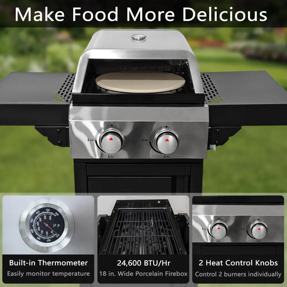 キャンプや共連れの屋外調理用の2バーナーガスグリルとピザオーブン。