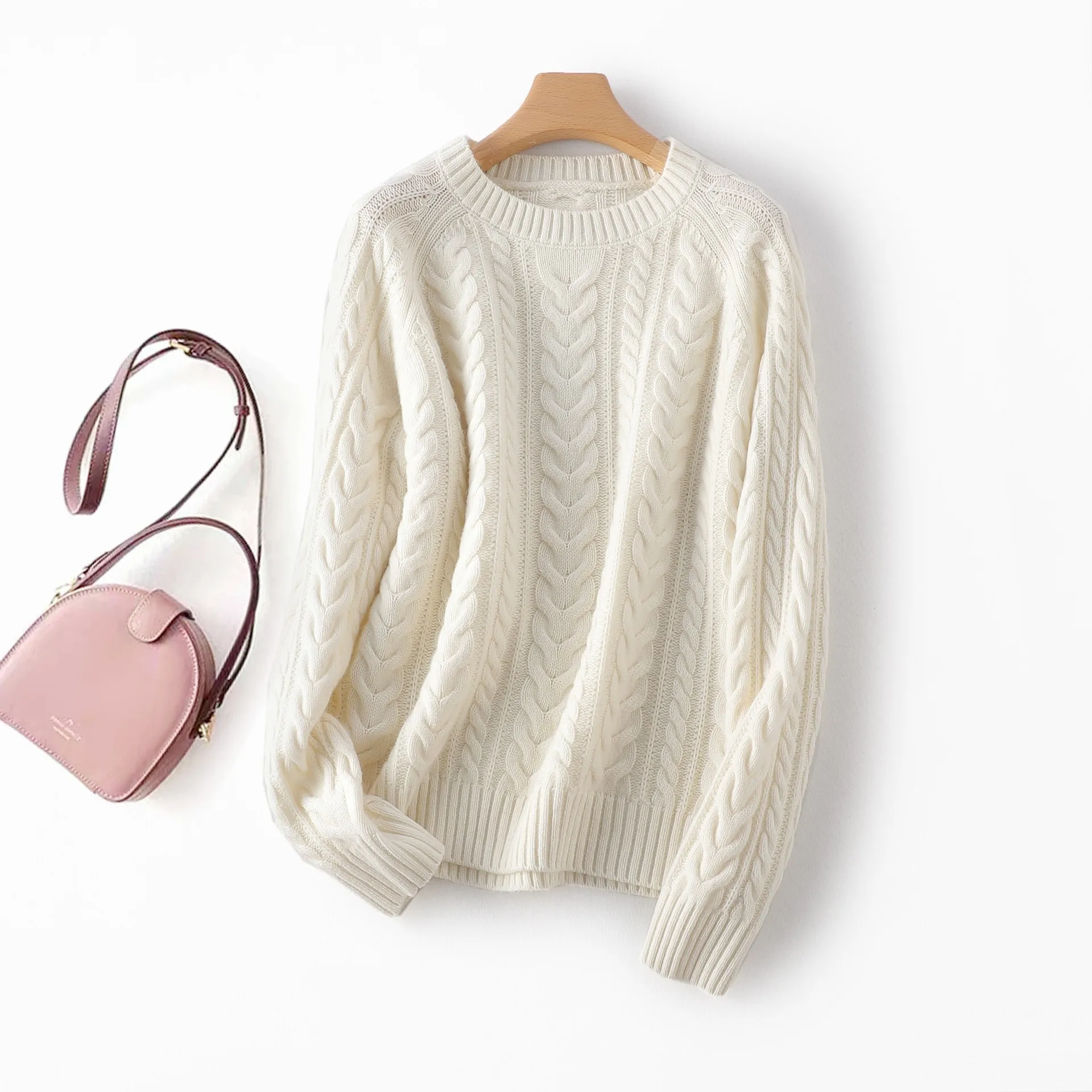 Birdtree Sweater Rajut Solid 100% Wol Domba yang Hangat, Wanita Teknik Twist Kerah O Lengan Panjang Pullover Musim Gugur T59459JF