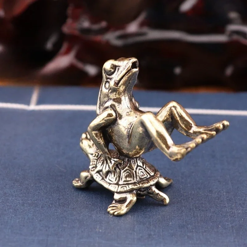 Brass Creative Frog & Turtle Figurine Mini Animal Statue Copper Desktop Ornament Tea Pet Home Office Decor Collectible Craft