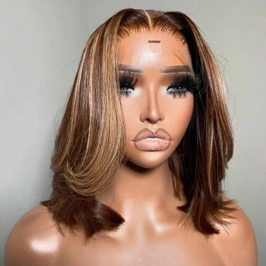 200% peluca corta recta Bob 14 pulgadas resaltado rubio miel 13x4 peluca Frontal de encaje transparente P4/27 color brasileño prearrancado