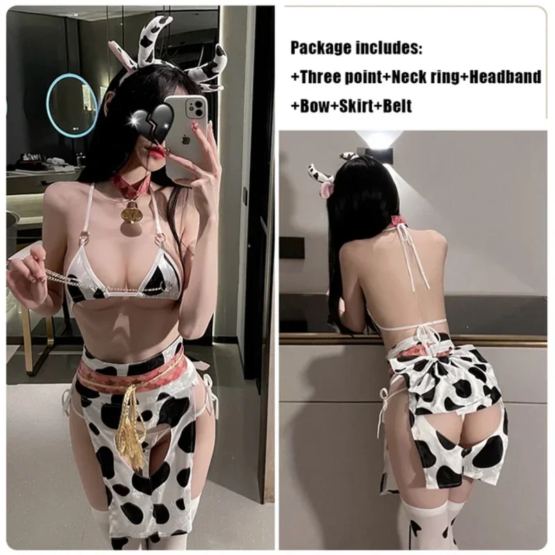 Cosplay de sirvienta de vaca Kawaii, Mini delantal con soporte de Anime japonés, conjunto de lencería de Bikini de leche bonito para mujer, disfraz de vaca Animal