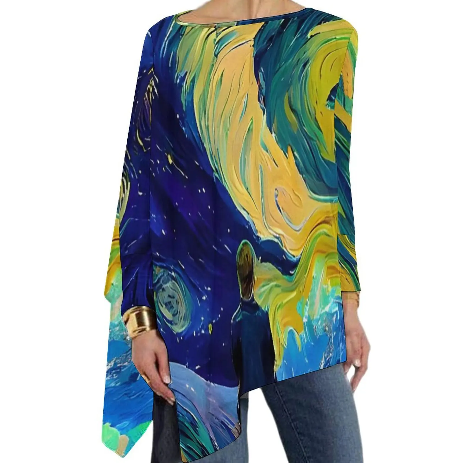 Van Gogh T-Shirt Abstract Starry Night Pretty Long Sleeve T Shirts Casual Loose Oversized Tees Woman Custom Tops Birthday Gift