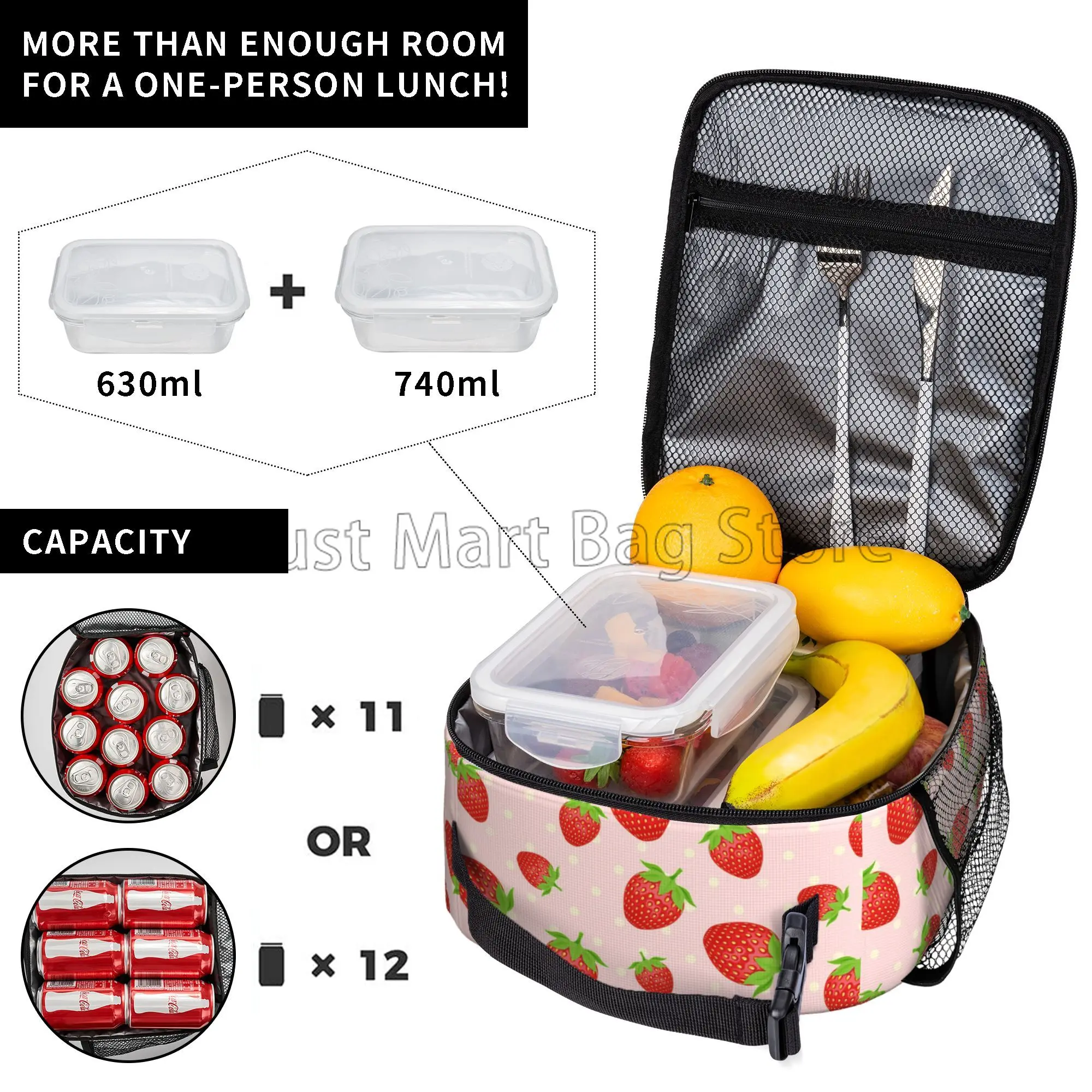 Strawberry Lunch Bag Reusable Insulated Lunch Box Back To School Gift Meal Tote for Boys Girls Cooler Bag for Work School Picnic