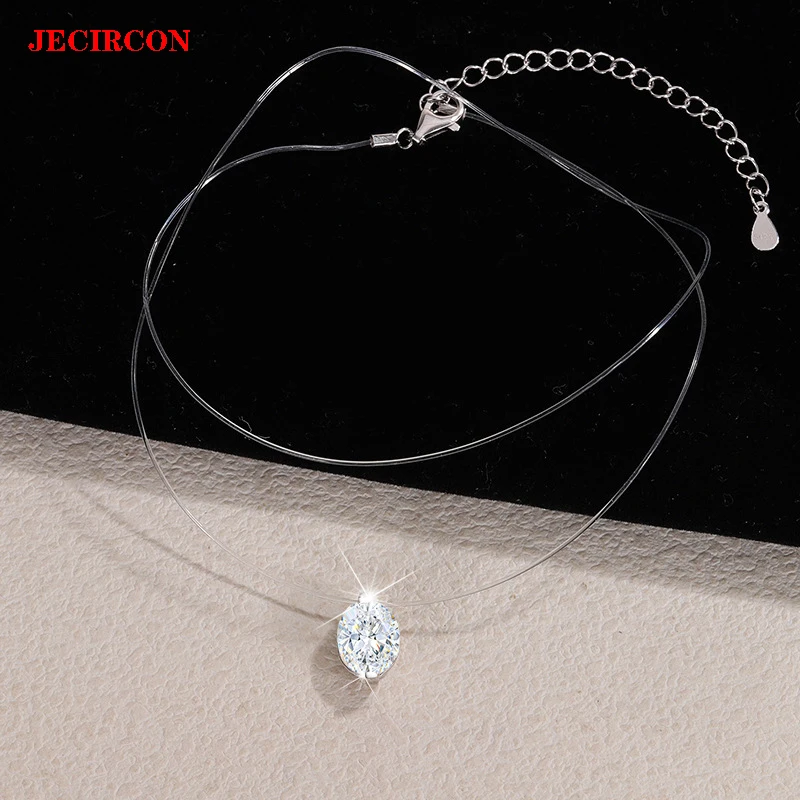 

JECIRCON S925 Sterling Silver Invisible Fish Line Necklace 1/2CT Oval Egg Shape Moissanite (White/Green) Dainty Pendant Jewelry