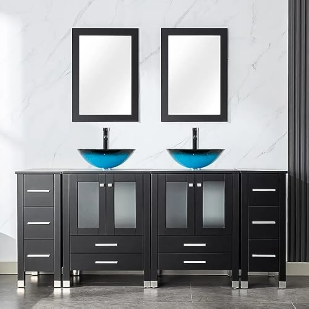 72 Double 24-in Bathroom Vanity with Sink Combo, Elegant Series with Two 12.6-in Side Cabinets, Painted Frame, Including Turquo