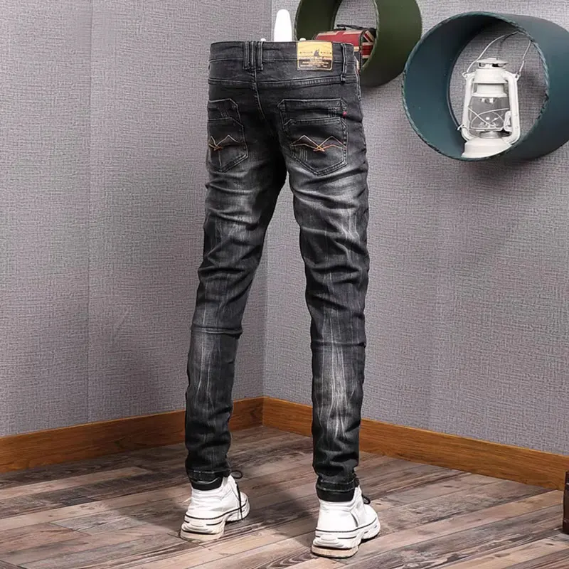Fashion Designer Men Jeans Retro Black Gray Stretch Slim Fit Ripped Jeans Men Vintage Velvet Denim Pants Winter Warm Trousers