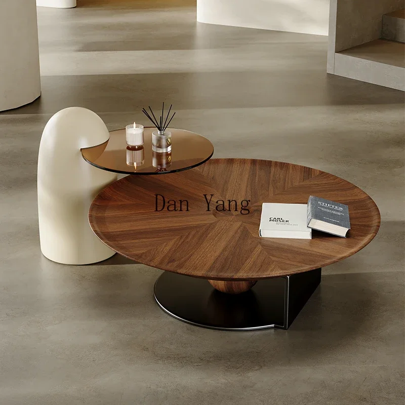 YJ wabi-sabi wind round walnut coffee table combination light luxury living room home coffee table medieval high-end sense