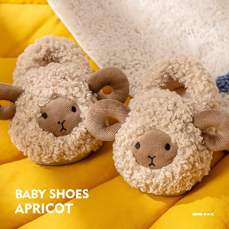 Children Cartoon Sheep Cute Shoes Soft Autumn Winter Warm Boys Girls Baby Plush Fur Non-slip Slipper Heel Wrap Home Flat Shoes