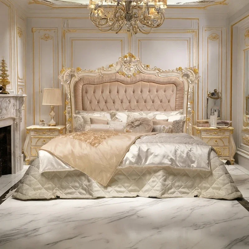 French light luxury solid wood bed palace carved double bed, villa romantic wedding bed