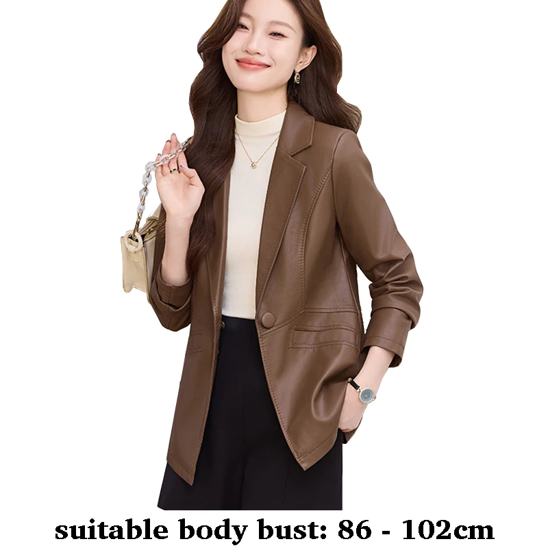 

Высококачественный женский кожаный пиджак с вырезом на воротнике и карманами, осень-зима, новинка 2025 года, элегантная офисная одежда черного цвета хаки