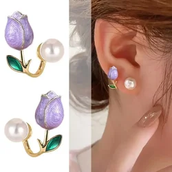 Pink Tulip Imitation Pearl Earrings Rose Color Flower Two Ways To Wear Ear Studs for Girls Daily Wear Women Ear Piercings Gifts
