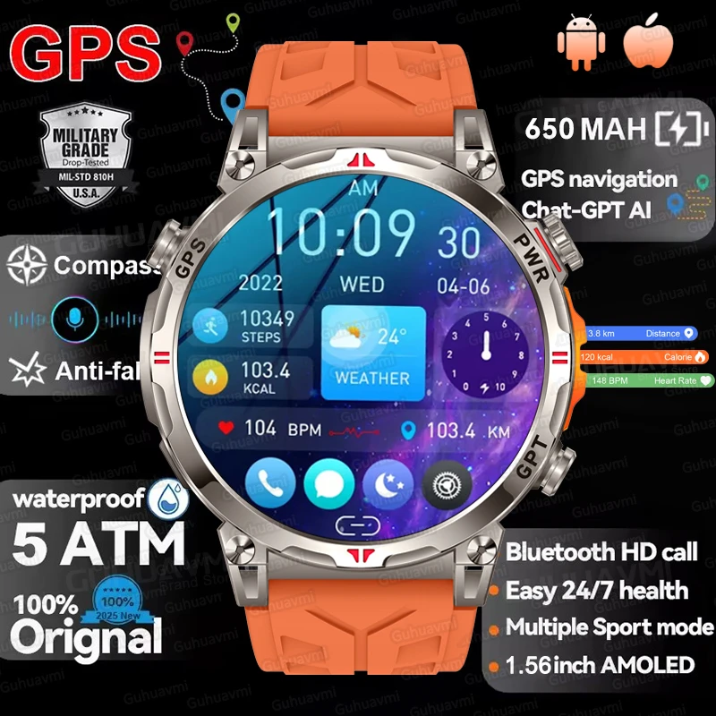 

2025 Новые уличные GPS Смарт-часы AMOLED-экран 650 мАч Компас Bluetooth Монитор здоровья Смарт-часы Мужчины Женщины Праздничные подарки