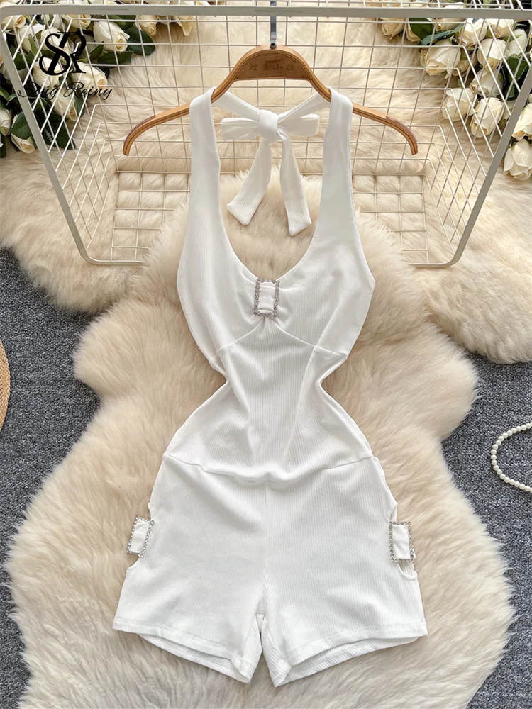 

SINGREINY Backless Halter Women Bodysuits Bandage Hollow Out Solid Chic Playsuits Female Summer Skinny Sexy Clubwear Rompers
