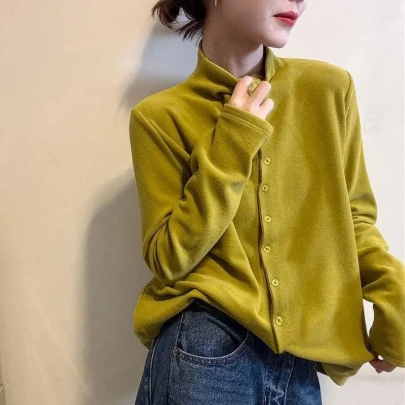 

Comfortable Stand Collar Long Sleeve Top For Women Casual Office Wear With Button Detailing Regular Fit Spring Autumn Style