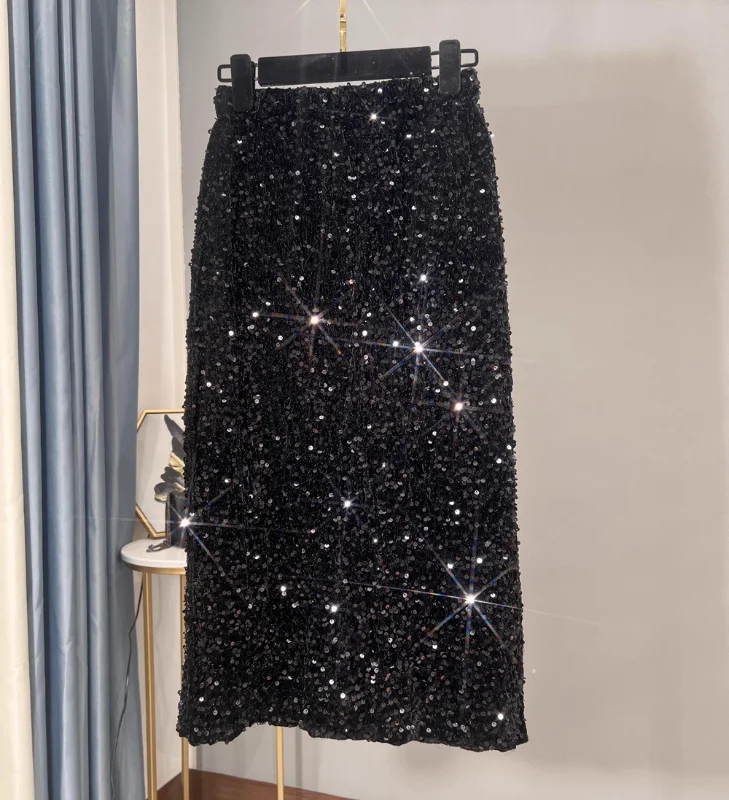 

Женская толстая французская юбка до бедра с высокой талией и разрезом с пайетками Юбка средней длины