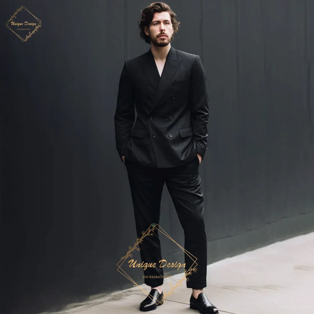 Men's Black Double-Breasted Suit - Sophisticated Tailored Fit - Modern Gentleman's Essential for Wedding Prom Party Daily Wear