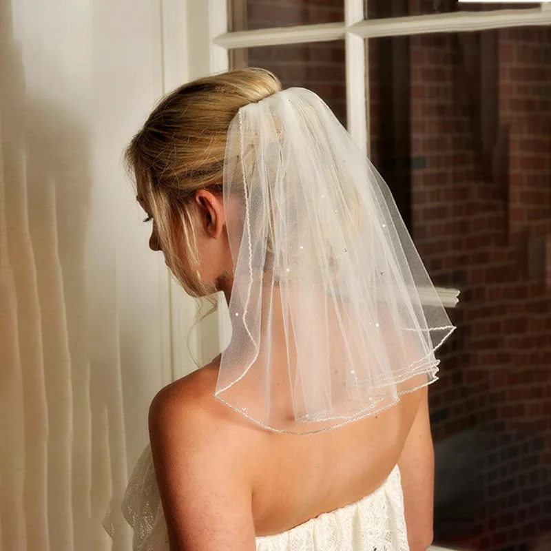 Short  Soft Tulle Wedding Veils with Beads Bridal Head Accessories image 2