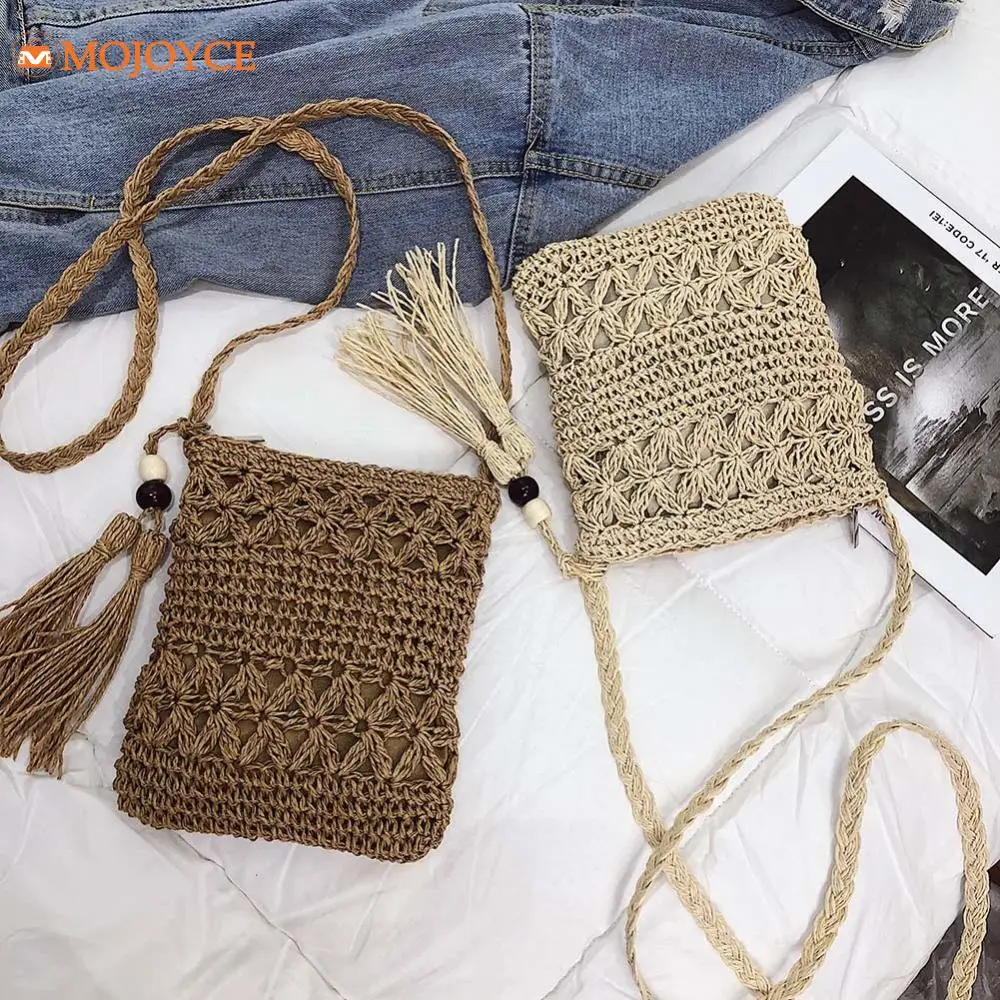 Hand-Woven Fashion Sling Purse 2024 Hollowed Out Woven Square Messenger Bags Summer New Knitted Tassel Beach Small Crossbody Bag