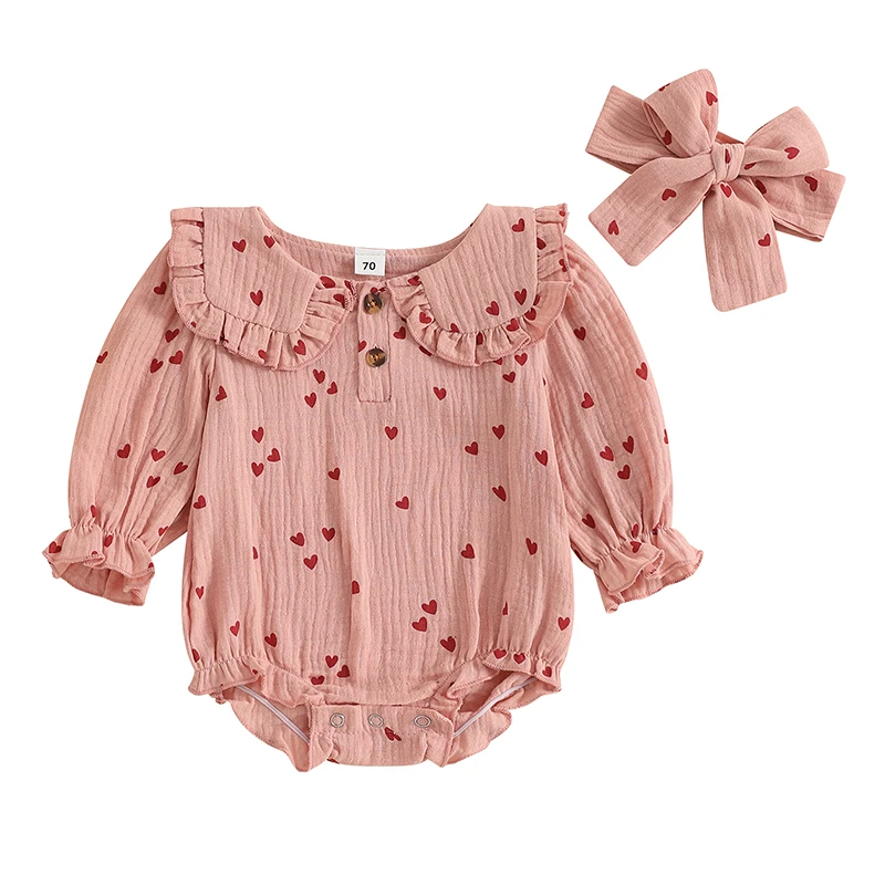 Newborn Girl Outfit Long Sleeve Doll Collar Heart Print Romper with Hairband Fall Clothes