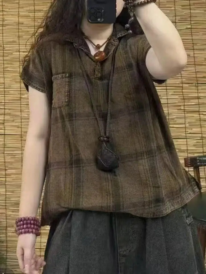 Retro Kontrastowa Krata Bawełna Len Koszula Damska Letnia Casual Luźna Dopasowana Cienka Bawełniana Koszula z Kołnierzykiem