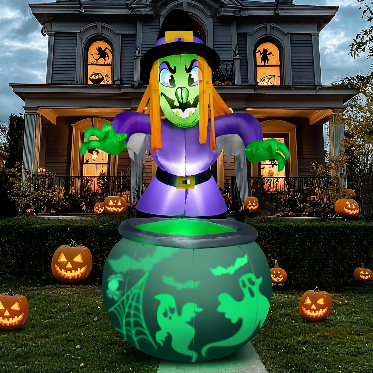 6 Ft Halloween Inflatable Witch Cauldron Decoration Projecting Rotating Green Ghost Light Blow Up Built In LEDs Yard Party Indoo