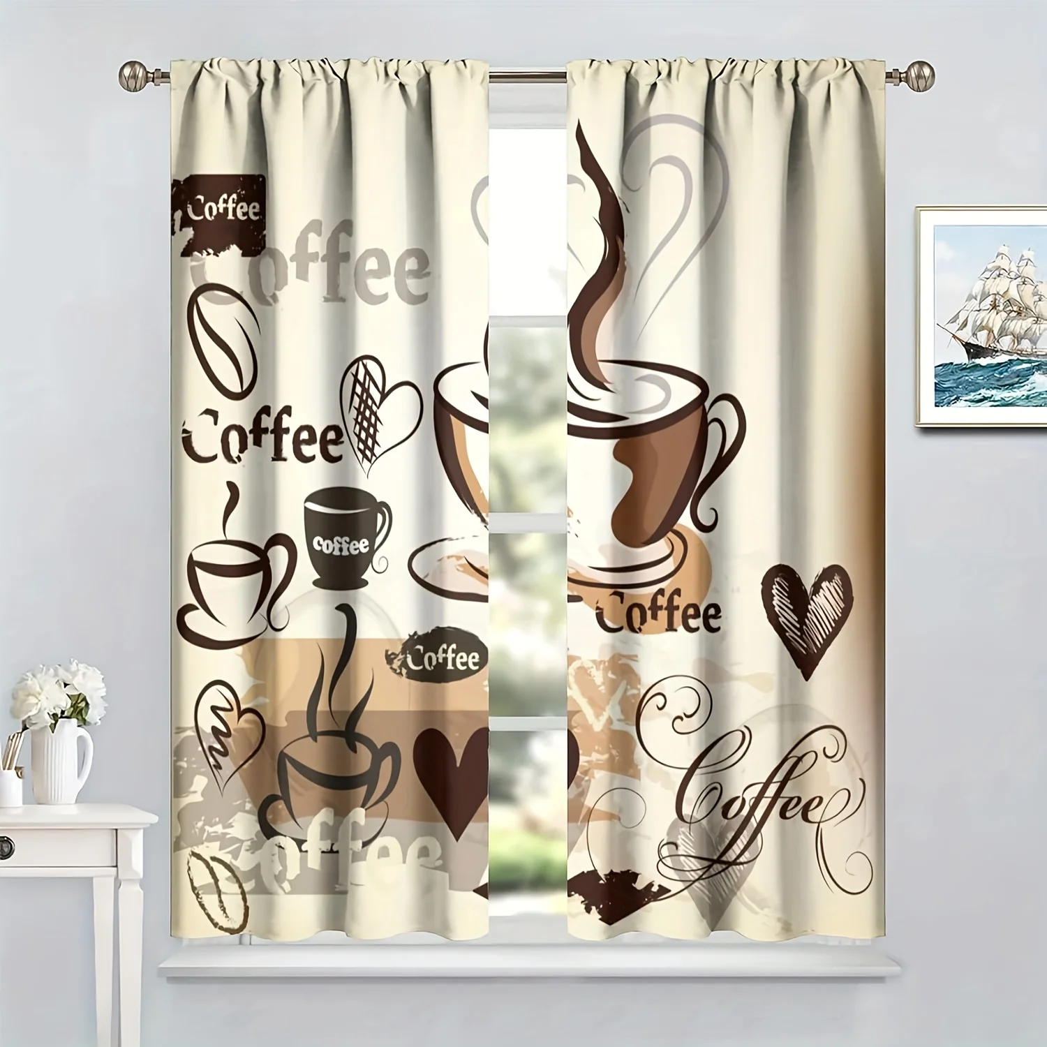 

2pcs 3D Coffee Illustration Coffee Curtain Rod Pocket Black Hand-painted Coffee Element Printed Light-filtering Kitchen Curtain