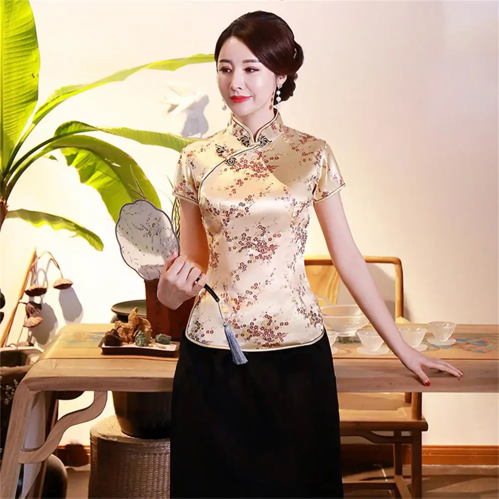 Women Cheongsam Shirt Chinese Style Plum Print Summer Cheongsam Top Autumn Buckles Stand Collar Cheongsam Blouse For Wedding